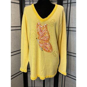 The Quacker Factory Women Butterfly Sequin Sweater Size Large Yellow Y2K VINTAGE